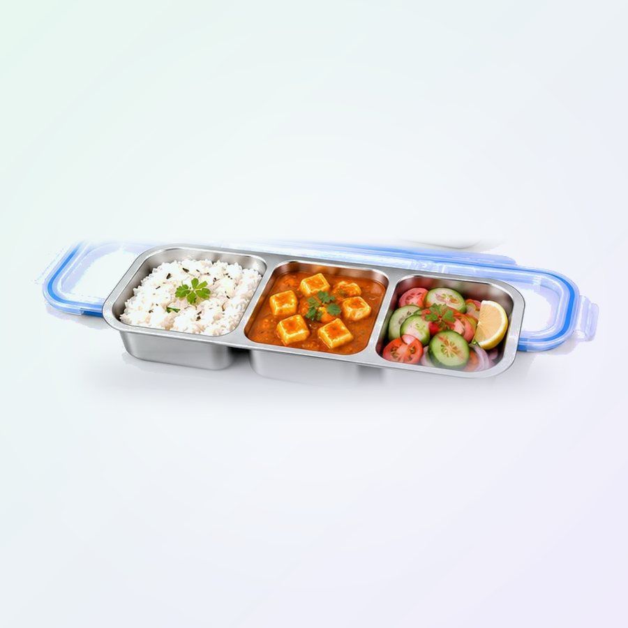 Complete thali with basmati rice in a steel tiffin