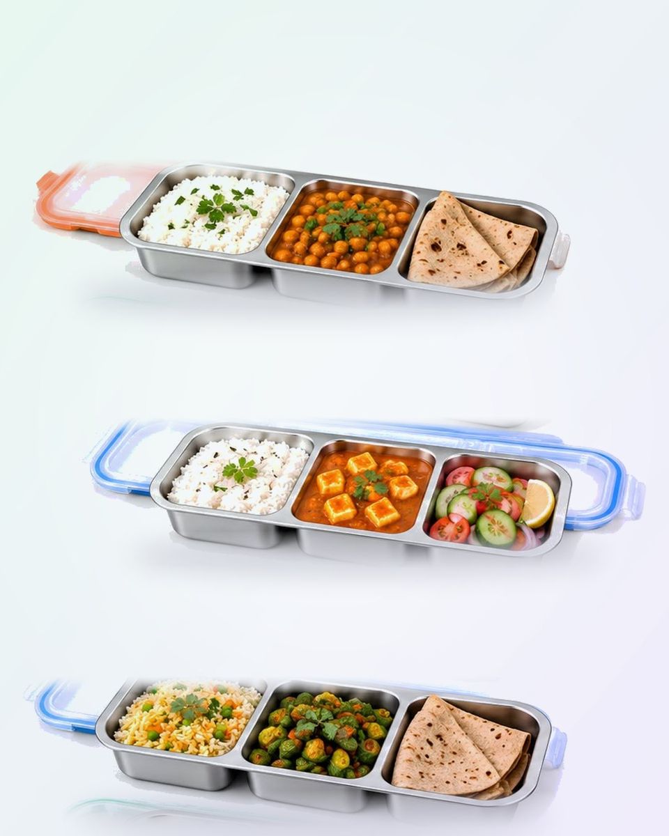 Tiffi Go steel tiffins with rice, sabzi, dal and phulkas